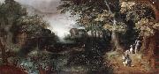 Claes Dircksz.van er heck A wooded landscape with huntsmen in the foreground,a town beyond painting